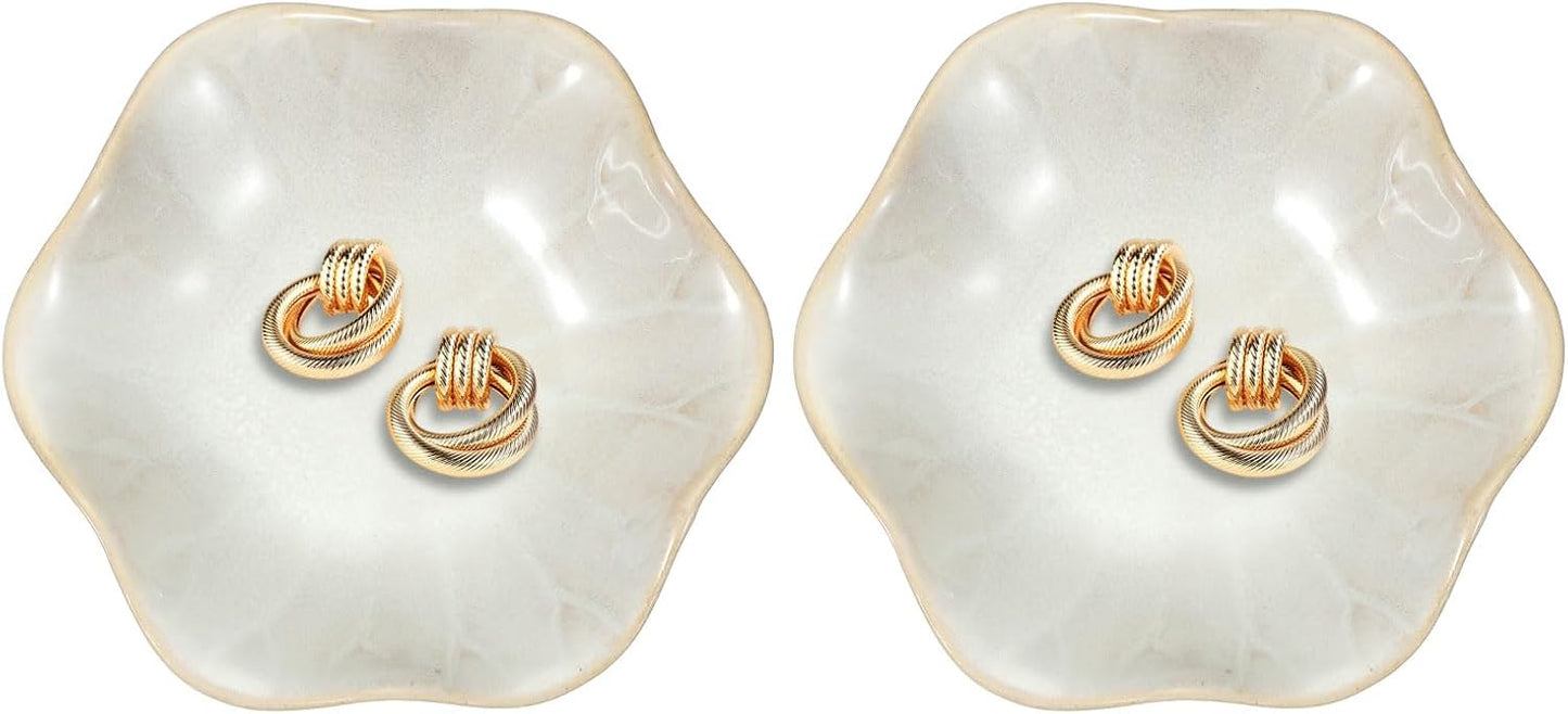 uxcell 2Pcs Ceramics Jewelry Plate, Lotus Leaf Shape Key Holder Bowl for Entryway Table Decor Small Ring Tray Dish Gift for Women Girlfriend, White
