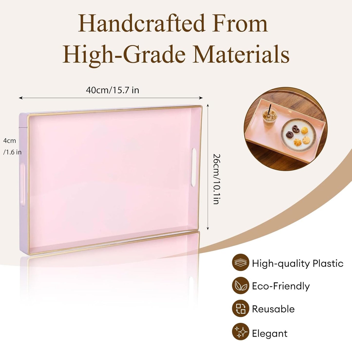 Zosenley Decorative Tray, Rectangular Plastic Tray with Handles, Modern Vanity Tray and Serving Tray for Bathroom, Kitchen, Ottoman and Coffee Table, 15.6” x 10.2” (Pink)