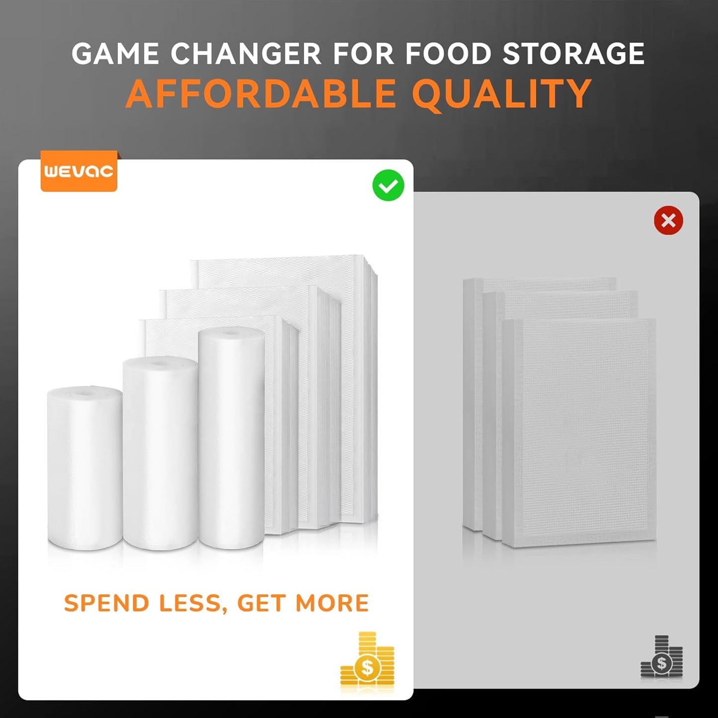 11" x 50' Vacuum Sealer Rolls, 2 Pack-Ideal for Food Storage, Sous Vide, and Meal Prep, Keep Food Fresh and Nutrients, Wevac Lite