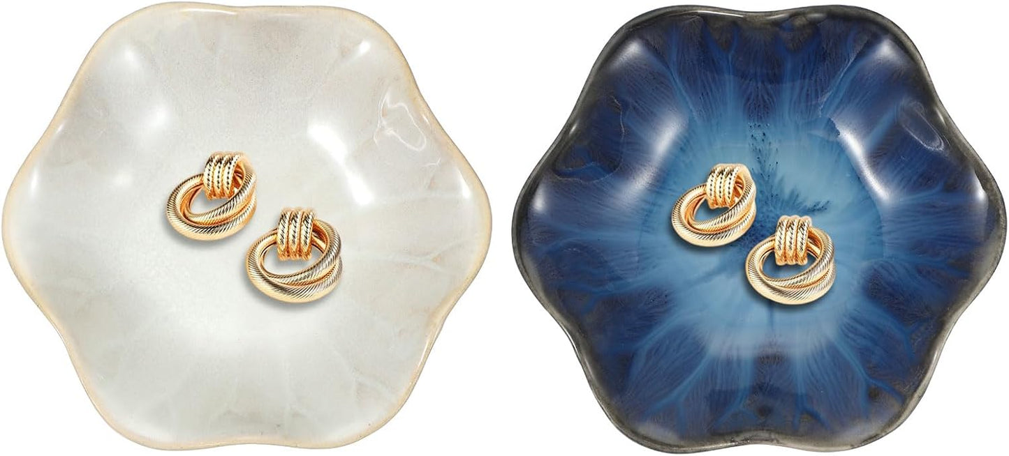 uxcell 2Pcs Ceramics Jewelry Plate, Lotus Leaf Shape Key Holder Bowl for Entryway Table Decor Small Ring Tray Dish Gift for Women Girlfriend, Blue/White