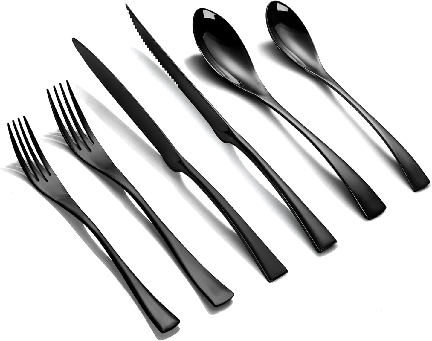 Lemeya 24-Piece Black Silverware Set with Steak Knives,Forged 18/10 Stainless Steel Cutlery Set for 4,Modern Heavy Duty Flatware Utensils Set,Fork Spoon and Knives Set, Mirror Polished,Dishwasher Safe