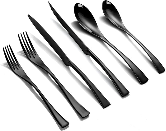 Lemeya 24-Piece Black Silverware Set with Steak Knives,Forged 18/10 Stainless Steel Cutlery Set for 4,Modern Heavy Duty Flatware Utensils Set,Fork Spoon and Knives Set, Mirror Polished,Dishwasher Safe