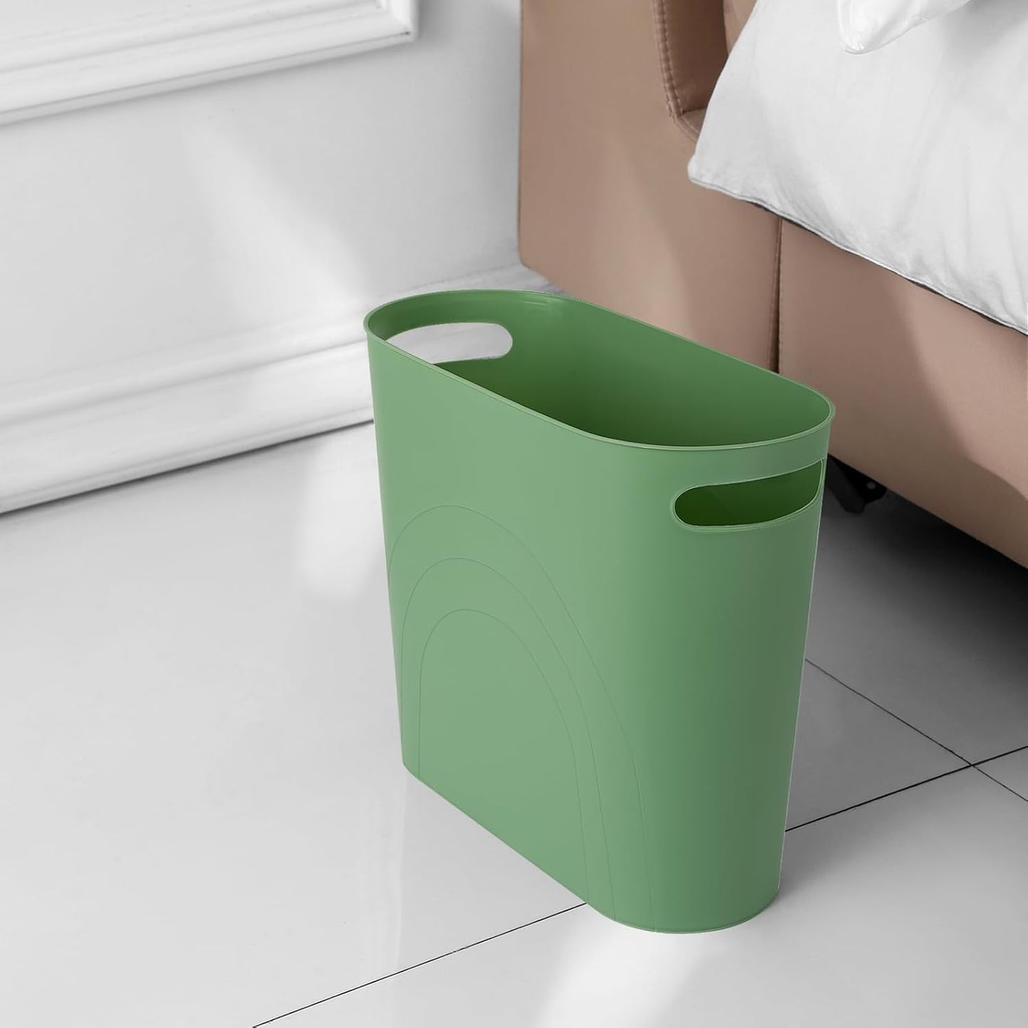 rejomiik Small Trash Can, 3.5 Gallon Slim Garbage Can Plastic Waste Basket with Handles Container Bin for Narrow Spaces Bathroom, Bedroom, Kitchen, Office at Home, Green