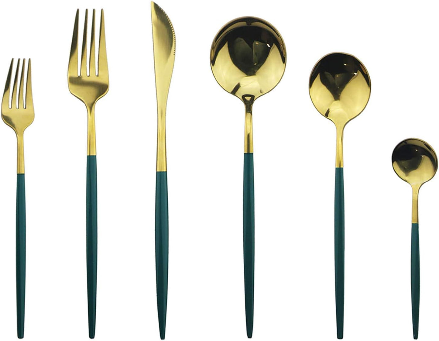 JASHII 18/10 Silver Silverware Set Stainless Steel Flatware Utensils Set Gold Cutlery Set| 24-Piece Modern Cubiertos Dorados| BEST Birthday Wedding Gift (4 sets, Green Handle Gold Mirror Polish)