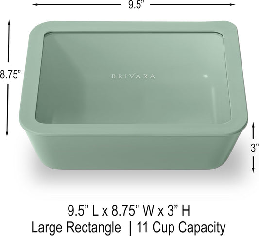 Ceramic Coated Glass Food Storage Container | No PTFE, PFOA, PFAS, and BPA | Reusable Non Toxic Meal Prep Container with Glass Lid | Easy To Store | 11 Cup Rectangle [Willow]