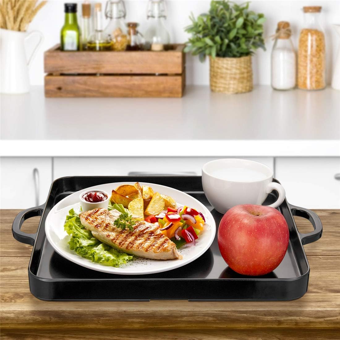 Square Serving Trays with Handles Melamine Black 12.5x12.5 Inch Spill Proof Kitchen Eating Trays Set of 2 for Cafeteria Cafe Food Appeizer Dessert Snack Dinner Lunch Breakfast,TR16-02