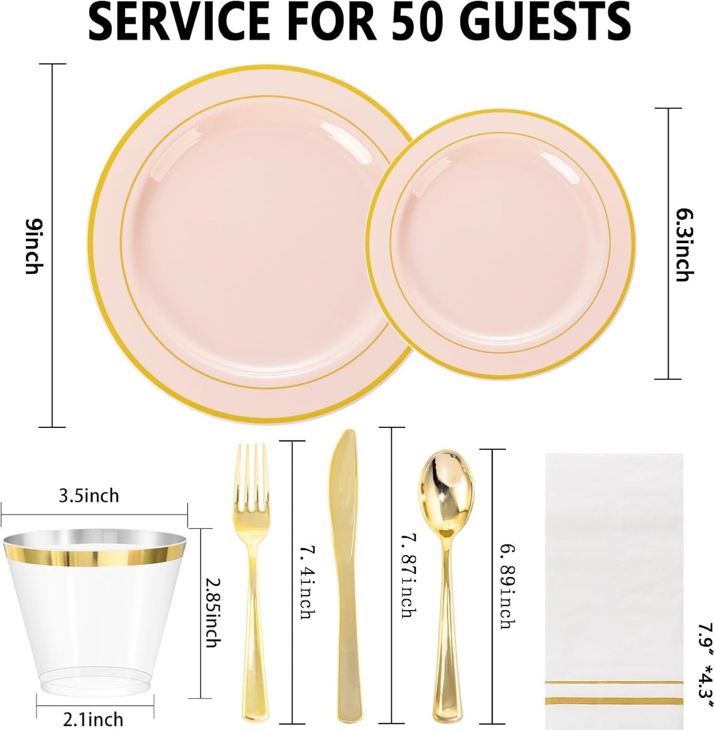 GATHER 350PCS Pink Plastic Plates - Disposable Plastic Dinnerware Set Include 100 Pink Plates, 150 Silverware, 50 Napkins, 50 Cups for Party & Wedding