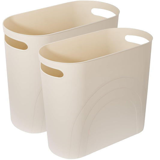 rejomiik Small Trash Can, 3.5 Gallon Slim Garbage Can Plastic Waste Basket with Handles Container Bin for Narrow Spaces Bathroom, Bedroom, Kitchen, Office at Home, 2 Pack Cream