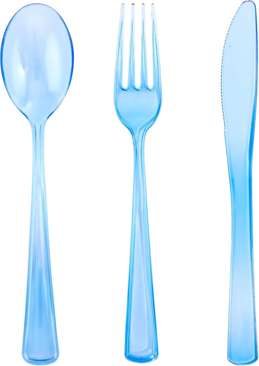 WDF 180 Pieces Blue Plastic Silverware Disposable - Clear Blue Cutlery Sets 60 Forks, 60 Knives and 60 Spoons - Heavy Duty Utensils for Party, Wedding, Graduation