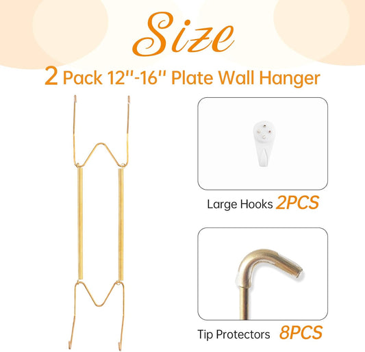 2 Pack Plate Hangers for The Wall, Suitable for 12-16 inch Art Plate, Stainless Steel Invisible Heavy Duty Wire Plate Holder with Wall Hooks, Plate Hangers for Displaying Plates, Platter, Dish, Gold