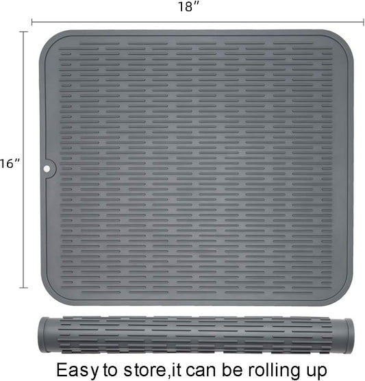ZLR 2 Pcs Silicone Dish Drying Mats for Kitchen Counter, Eco-Friendly Fast Dry Dish Mat, Easy Clean Multi Usage Drying Matt, Heat Resistant Trivet, 16" x 18" XL, Gray