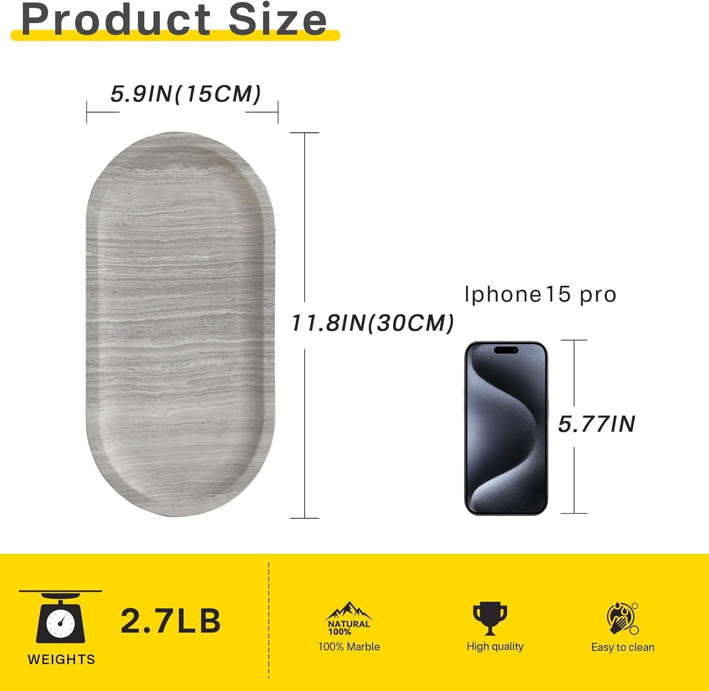 Natural Marble Tray, Stone Vanity Tray for Bathroom & Kitchen Countertop - Organizer for Perfume, Jewelry, Cosmetics 12x6 Inch,Gray Wood Grain