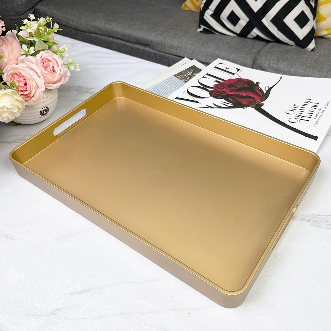 Gold Decorative Tray, Serving Tray with Handles, Plastic Rectangular Tray for Ottoman Coffee Table, Bathroom, Living Room. 15.7"*10.2"