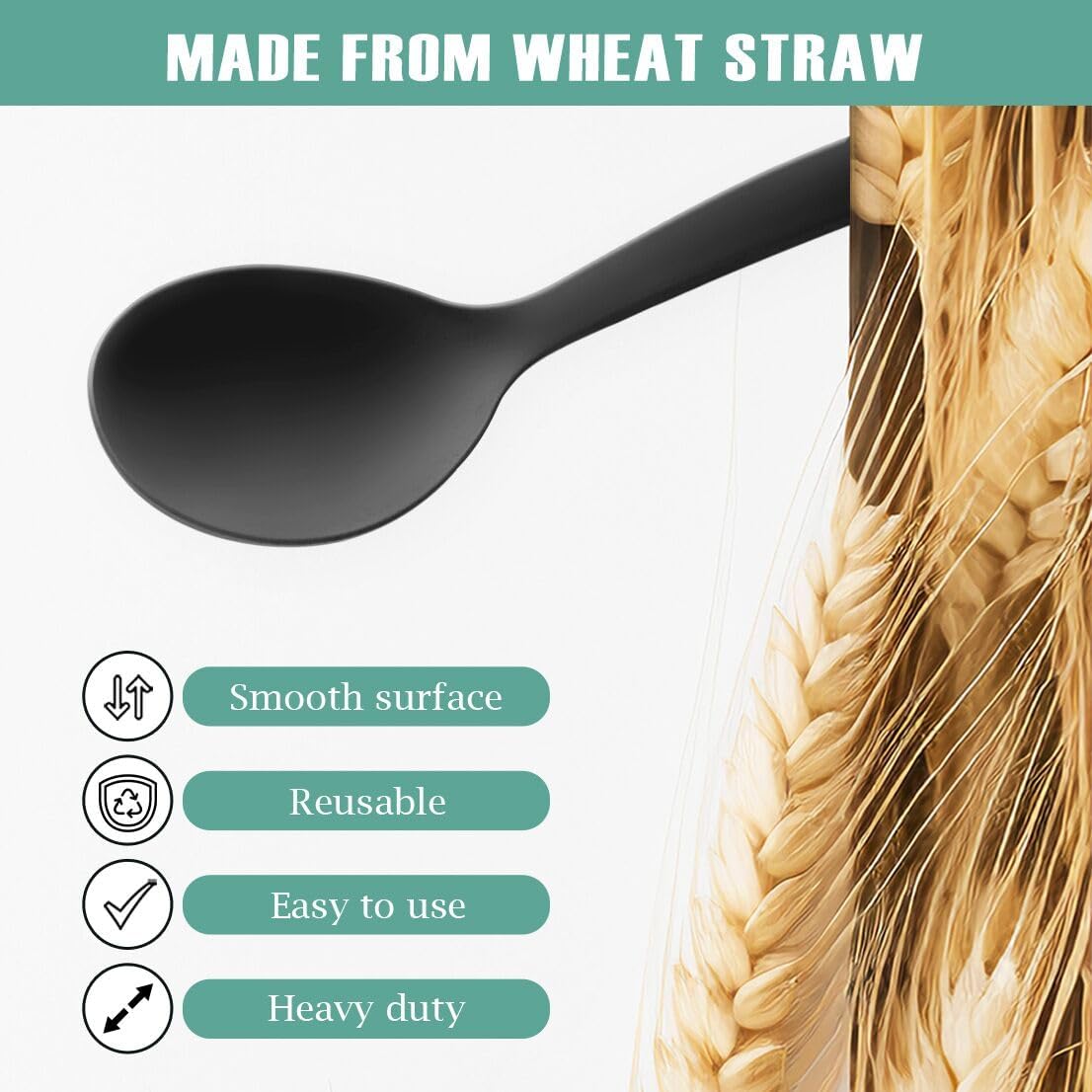 8 Pack 10" Large Reusable Plastic Wheat Straw Serving Spoon Set, 4 Serving Spoons & 4 Slotted Spoons, Kitchen Mixing Serving Spoon for Buffet Chafing Dish Catering (Black, Not for Cooking)