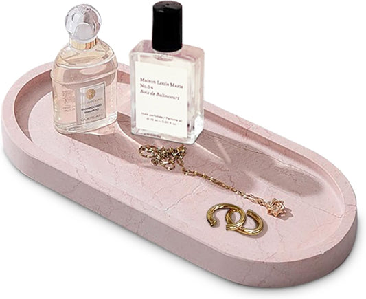 Natural Travertine Tray, Vanity Trays for Bathroom Countertop Organizer, Marble Decor Tray for Kitchen Counter (Pink, 9.8")