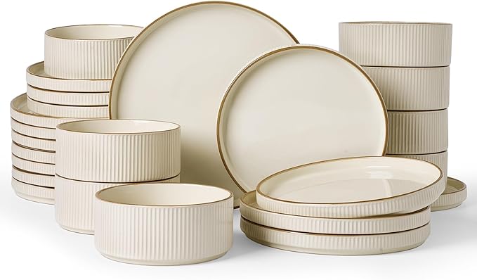 Famiware Star Dinnerware Set, Plates and Bowls Sets for 8 (24pcs), Ribbed Stoneware Dishes - Chip & Scratch Resistant, Microwave & Dishwasher Safe, Cream