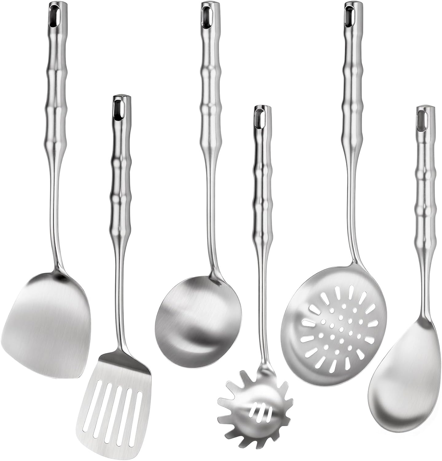 304 Stainless Steel Cooking Utensils,6 Pcs Metal Cooking Utensils Set,Kitchen Tools Set Include Soup Spoon,Slotted Spatula,Skimmer,Spaghetti Spoon,etc (Dishwasher Safe)