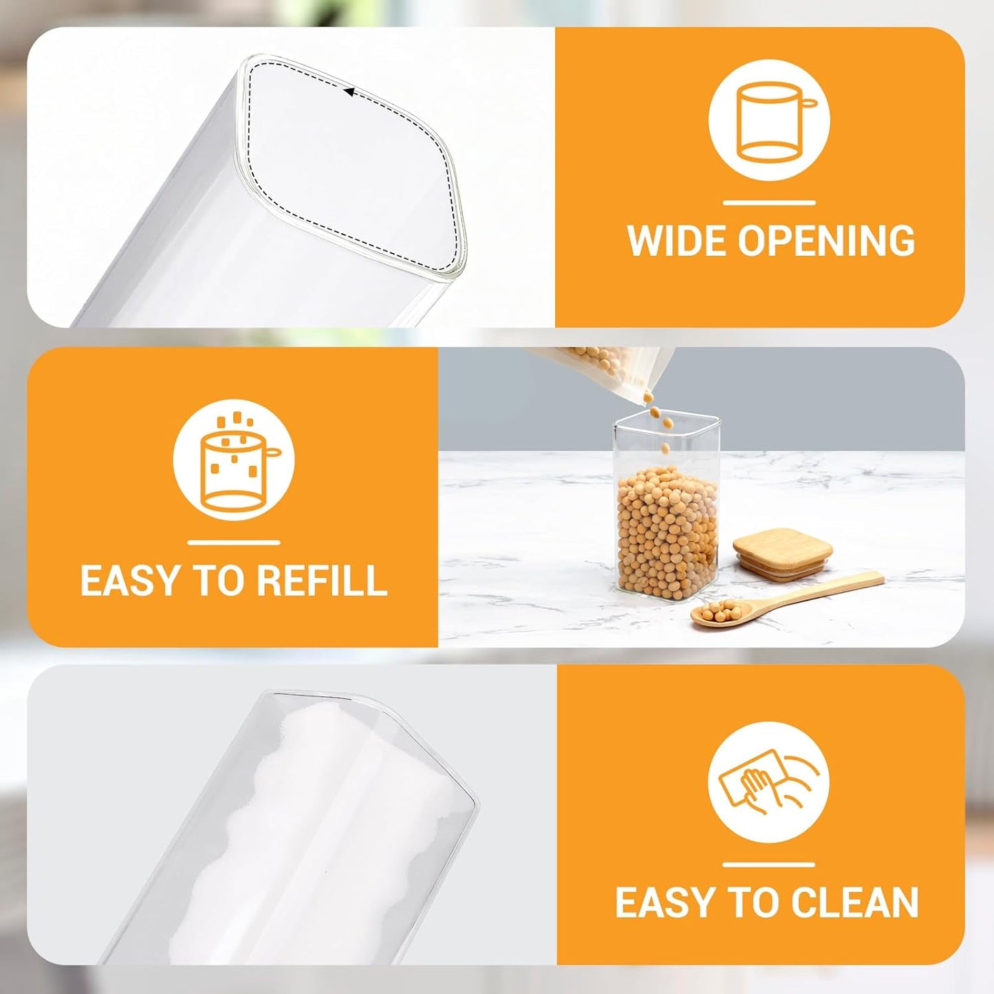 Square Glass Storage Jars, 2 Pack 10 Fl.oz Glass Containers with Bamboo Lids, Wide Mouth Spice Canister with Airtight Lids for Sugar Coffee Tea Candy Cookies - Included Labels, Spoon and Marker