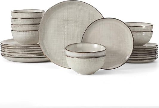 Famiware Moonlight Plates and Bowls Sets, 24 Pieces Stoneware Dinnerware Sets with Linen Finish, Dishware set for 8, Microwave and Dishwasher Safe, Chip and Scratch Resistant, Summer Sand