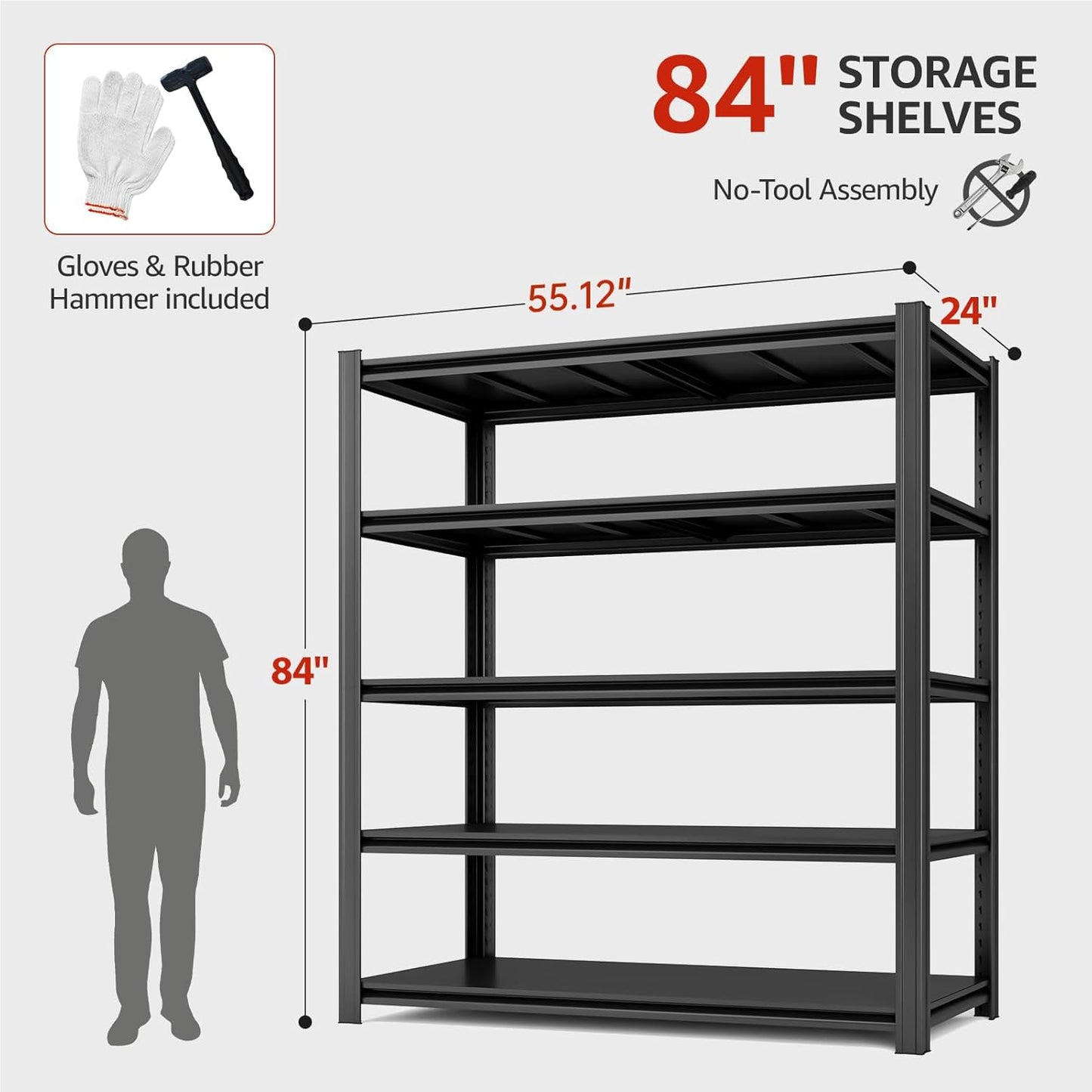 55.12" W Father&I 5-Shelf Industrial Adjustable Heavy-Dudy Tall Metal Steel Garage Storage Shelves Shelving Units/Rack System (Commercial) for Basement/Shop/Dorm, 84" H*55.12" W*24" D*, Black