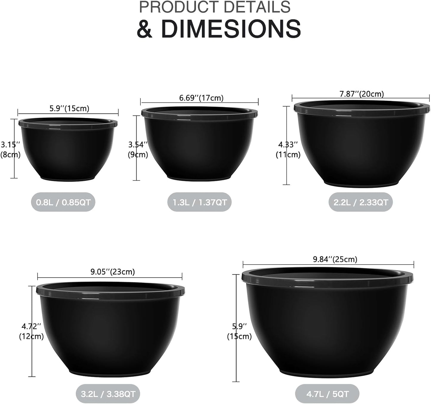 5-Piece Plastic Mixing Bowls with Lids Set for Kitchen, Nesting Bowls for Mixing, Baking, Prepping, Cooking and Serving Food, Black Mixing Bowls Dishwasher, Microwave Safe