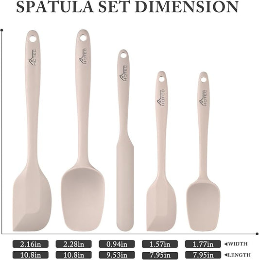 HOTEC 600℉ Heat Resistant BPA-Free Silicone Rubber Spatula Set,Kitchen Cooking Spatulas, Baking, Mixing for Non Stick Cookware, Dishwasher Safe, Set of 5, Khaki