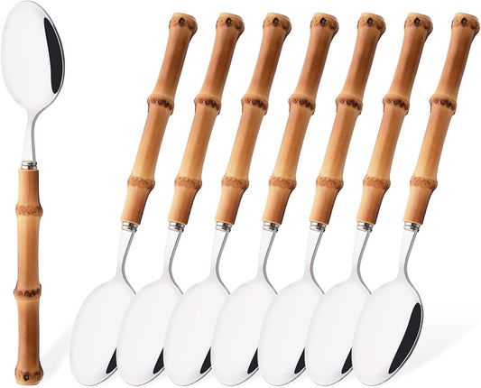 8-Piece Bamboo Handle Dinner Spoon Set, Stainless Steel Spoons for Kitchen Home and Restaurant, Mirror Polished, 8.03 inch