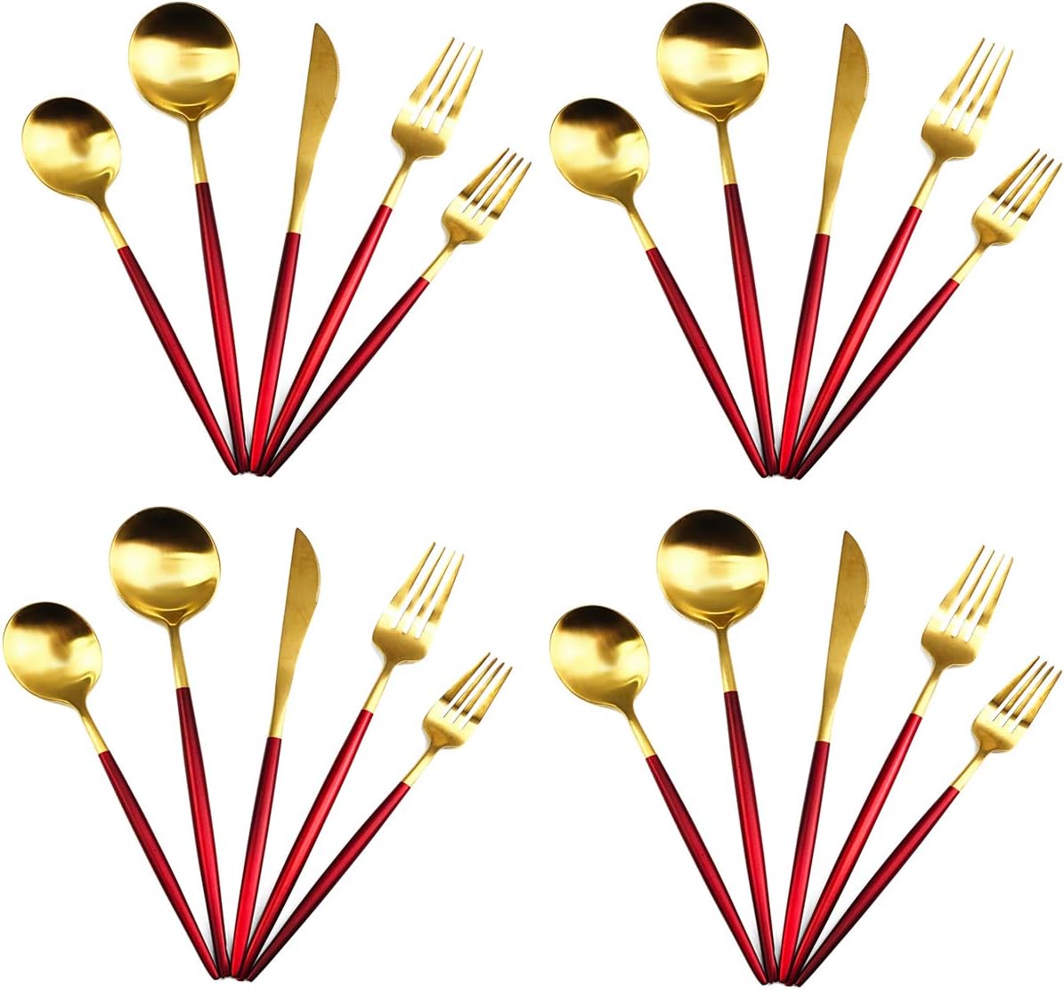 Gugrida 20-Piece 18/10 Stainless Steel Flatware Silverware, Luxury Dinnerware Set Travel Cutlery Tableware Include Knife Fork Spoon Service for 4, Dishwasher Safe (Red Handle Matte Gold)