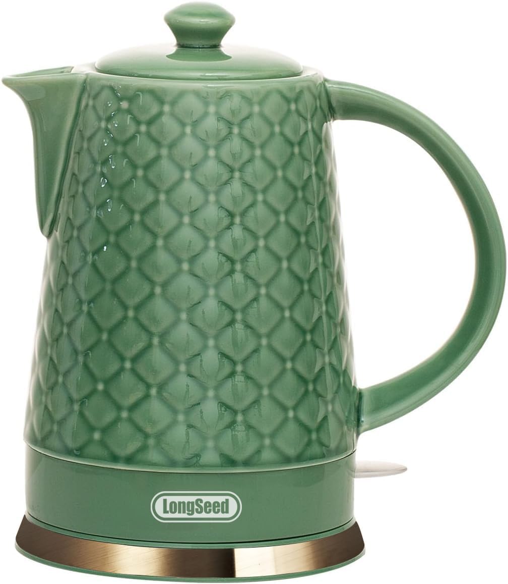 Ceramic Electric Kettle, 1.5L/1200W Boil Water Quickly and Easily with Boil-Dry Protection Auto Shut Off, Detachable Swivel Base, Green Relief Carving