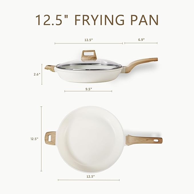 CAROTE 12.5 Inch Non Stick Frying Pan with Lid,White Granite Nonstick Skillet Omelet Pans, Egg Pan Granite Cookware, PFOS & PFOA Free