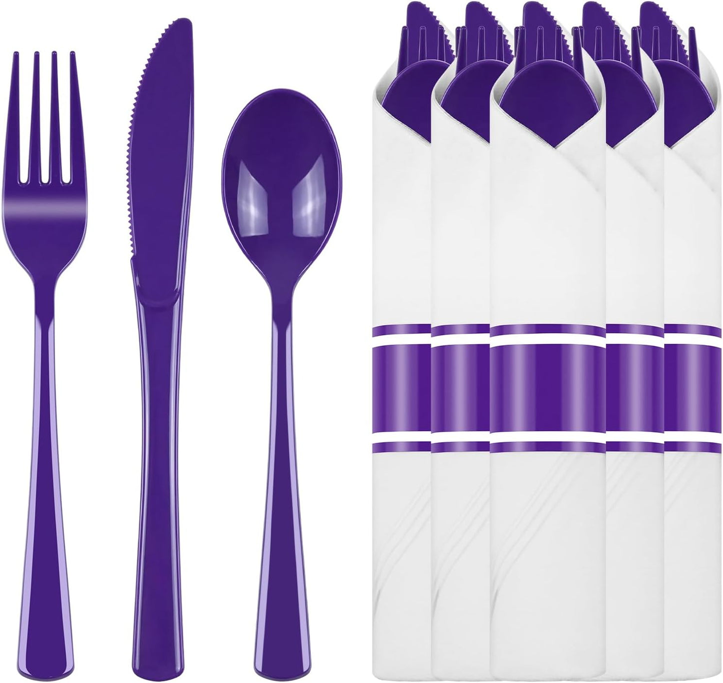 30 Pack Pre Rolled Purple Plastic Silverware with Napkins - Disposable Cutlery Set with Forks, Knives, Spoons & Linen-Like Dinner Napkins, Wrapped Plastic Utensils for Weddings, Parties & Events