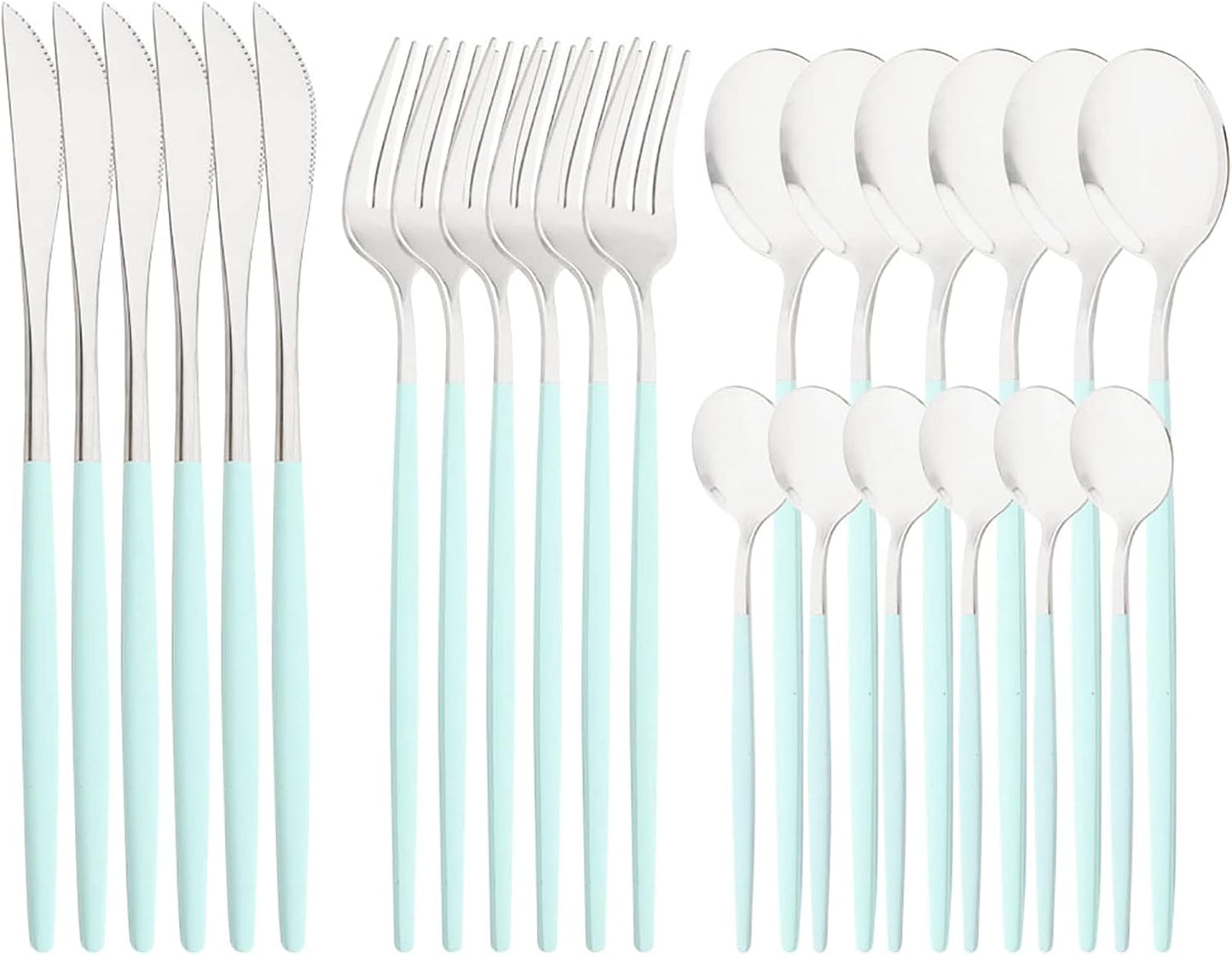 Mirror Cutlery Serving Set, 24-piece 18/0 Stainless Steel Silverware With Mint Green Handle Simple & Modern Tableware For Home Restaurant Dinner, Service For 6 (Mint Green Silver)