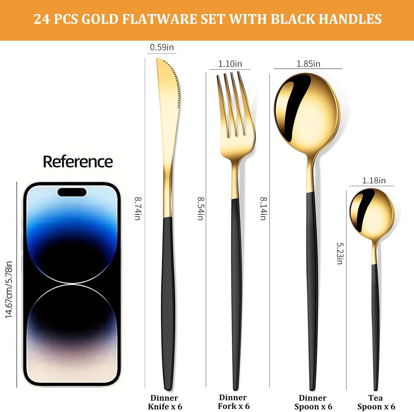 24 PCS Gold Silverware Set, Food-Grade Stainless Steel Flatware Set for 6, Cutlery Set Tableware with Black Handle, Steak Knives Forks and Spoons, Utensil Sets for Home Restaurant Hotel