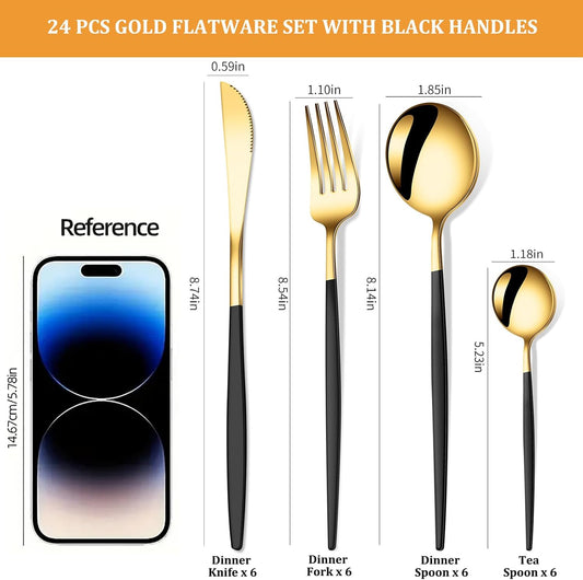 24 PCS Gold Silverware Set, Food-Grade Stainless Steel Flatware Set for 6, Cutlery Set Tableware with Black Handle, Steak Knives Forks and Spoons, Utensil Sets for Home Restaurant Hotel