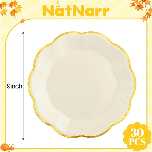 30 Pcs Thanksgiving Paper Plates, 9 Inch Ivory Paper Plate with Gold Trim Cute Beige Disposable Scalloped Plates for Friendsgiving, Baby Shower, Wedding