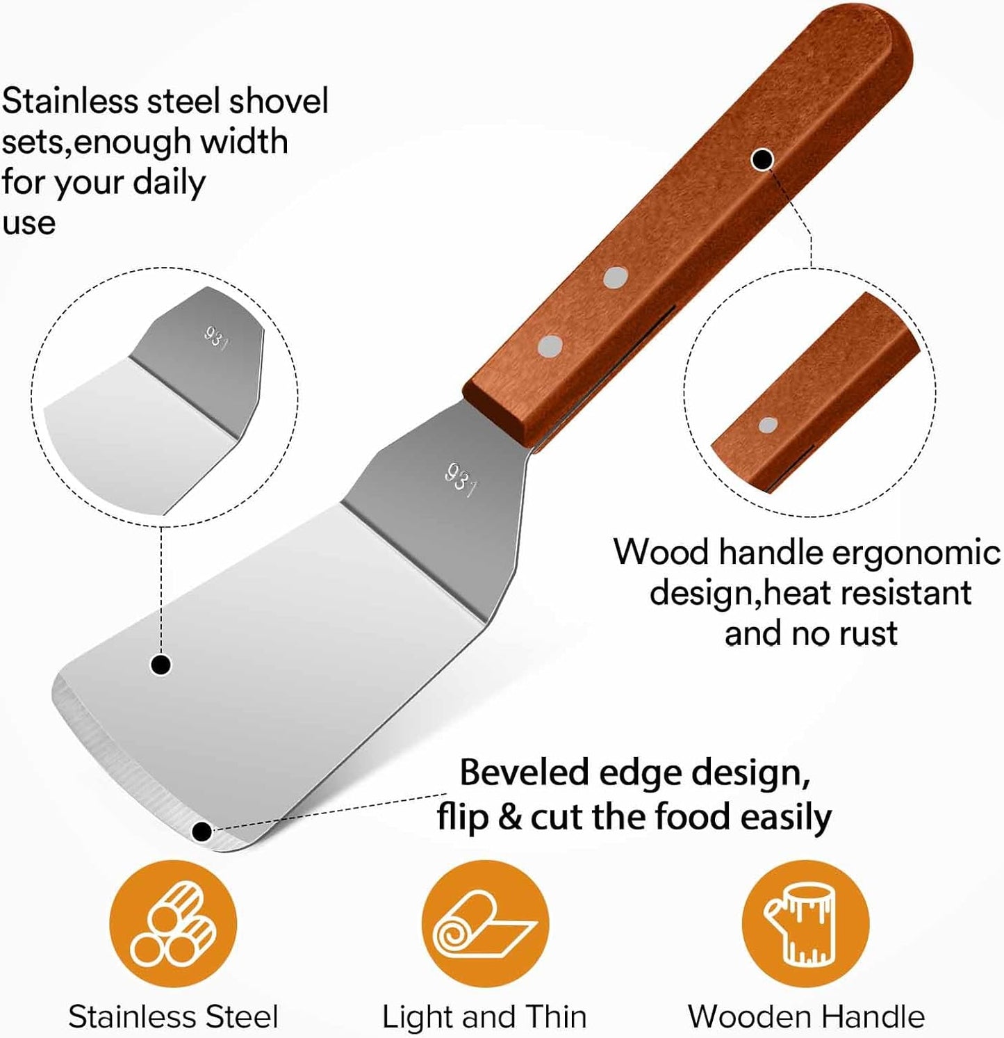 Metal Spatula Set for Kitchen Use,2Pcs Large Stainless Steel Spatulas for Cast Iron Skillet,Wood Handle Wok Flat Top Grill Griddle Spatula Turner Flipper Utensil Set for Burgers Pancake Egg Fish BBQ