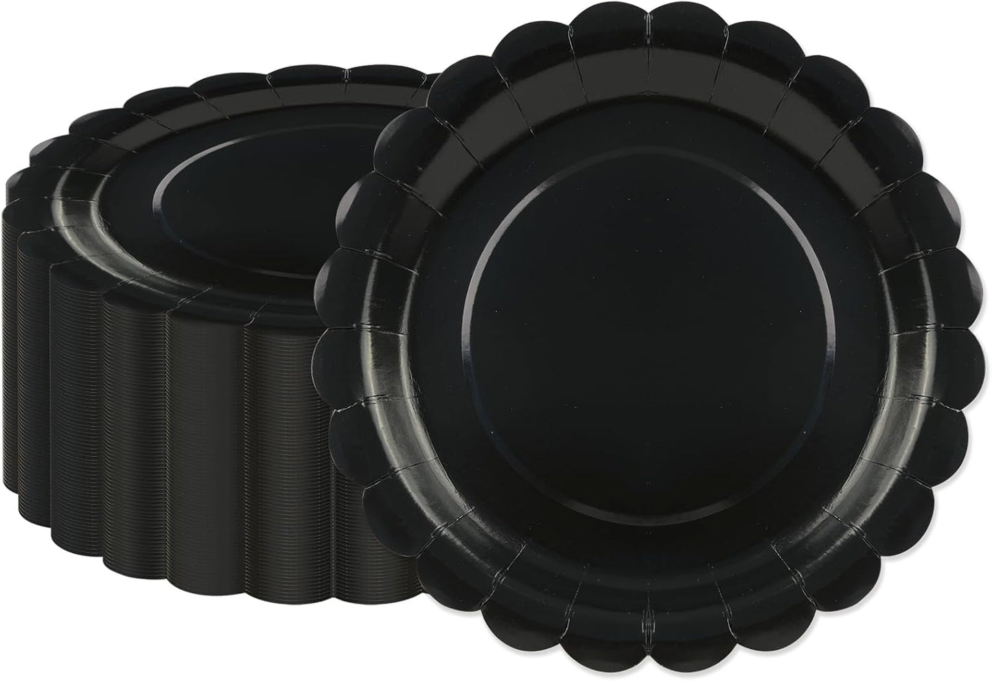 50Pcs Black Paper Plates-7 Inch Disposable Halloween Plates Scalloped Black Cute Dessert Dinner Plate Birthday Dinnerware Disposable Dinner Party Supplies for Halloween Wedding Table Decor