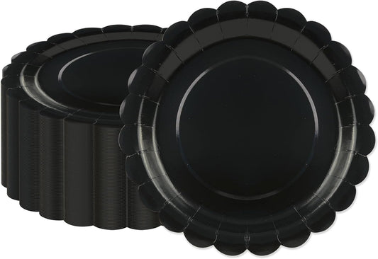 50Pcs Black Paper Plates-7 Inch Disposable Halloween Plates Scalloped Black Cute Dessert Dinner Plate Birthday Dinnerware Disposable Dinner Party Supplies for Halloween Wedding Table Decor