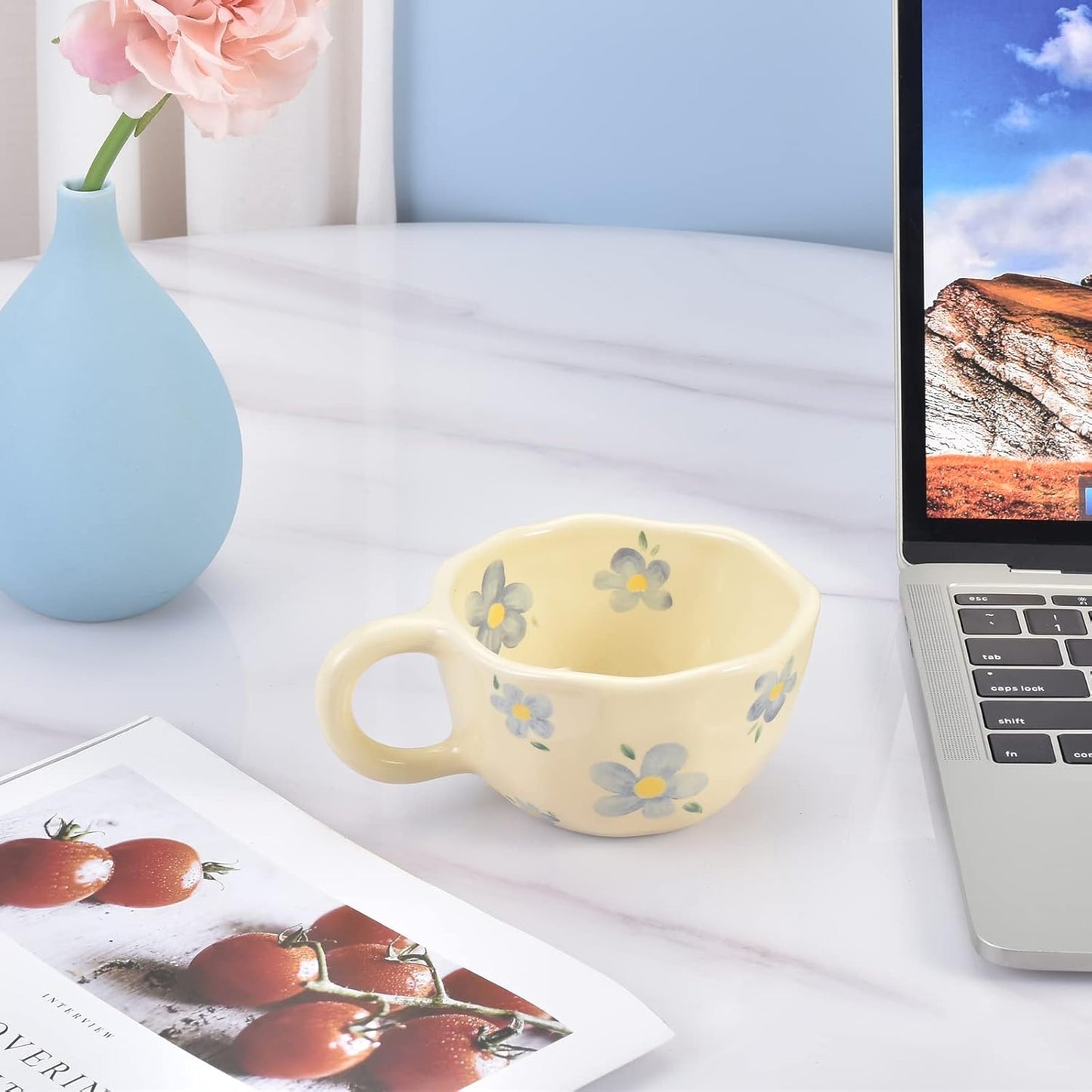 Koythin Ceramic Coffee Mug, Creative Flower Cup for Office and Home, Dishwasher and Microwave Safe, 8.5 oz/250 ml for Latte Tea Milk (Blue Flower)