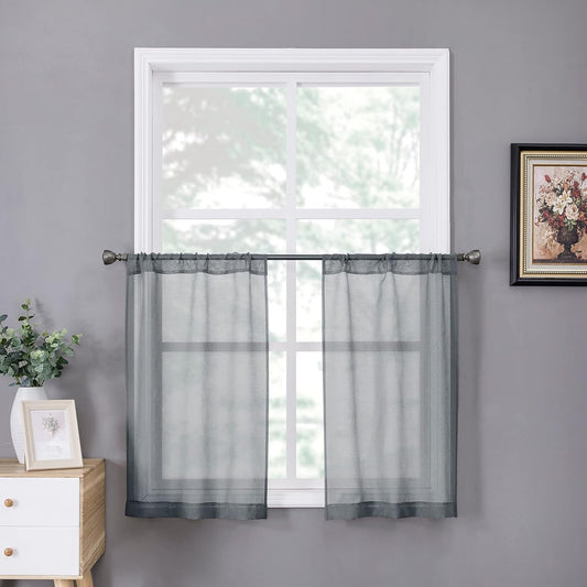 Tollpiz Sheer Tier Curtains Kitchen Linen Textured Half Curtain Sheers Light Filtering Rod Pocket Voile Bathroom Short Curtains for Farmhouse, 25 x 30 inches Long, Dark Grey, Set of 2 Panels