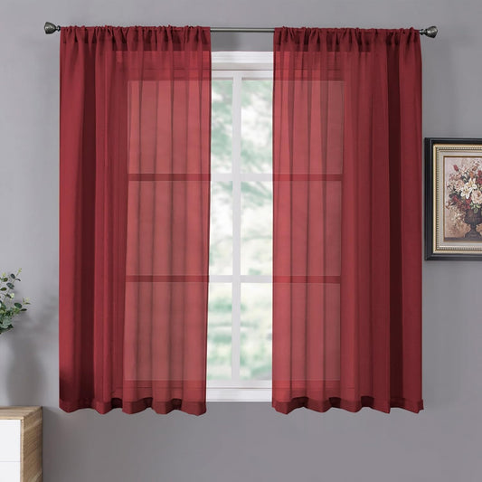 Tollpiz Sheer Curtains Linen Textured Living Room Curtain Sheers Light Filtering Rod Pocket Voile Curtains for Bedroom, 42 x 63 inches Long, Burgundy Red, Set of 2 Panels