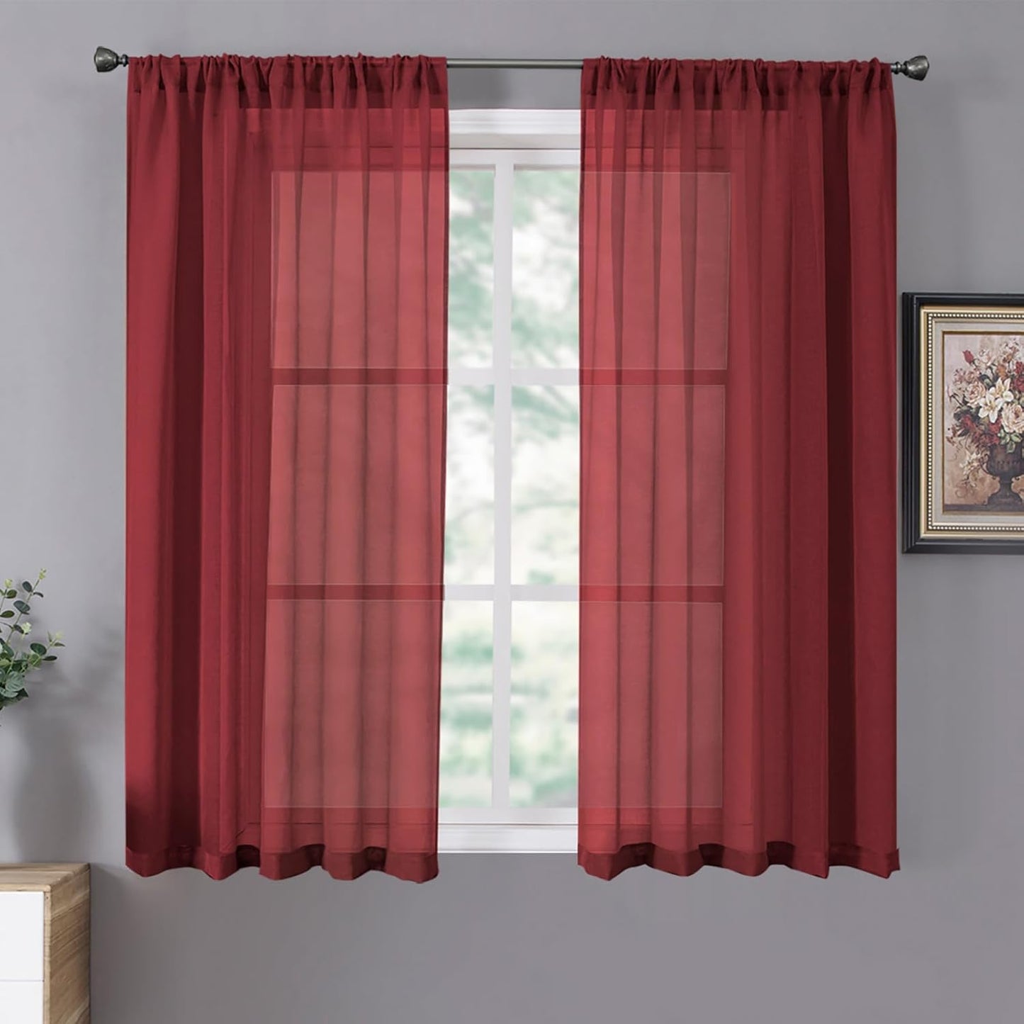 Tollpiz Sheer Curtains Living Room Linen Textured Curtain Sheers Light Filtering Voile Rod Pocket Curtains for Bedroom, 38 x 63 inches Long, Burgundy Red, Set of 2 Panels