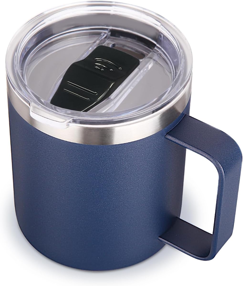 Volhoply 14oz Insulated Stainless Steel Coffee Mug with Leakproof Lid,Double Wall Vacuum Travel Coffee Cup with Handle,Reusable Metal Cups Tumbler,Camping Mugs Keep Hot&Cold,Ideal Gifts(Navy,1)