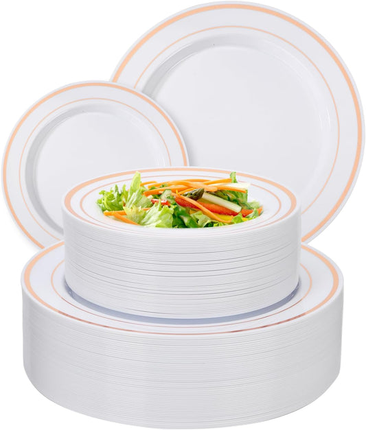 100PCS Rose Gold Plastic Plates Disposable Heavy Duty Include 50PCS 10.25inch Dinner and 50PCS 7.5inch Dessert Plastic Plates for Party Wedding Anniversary New Year