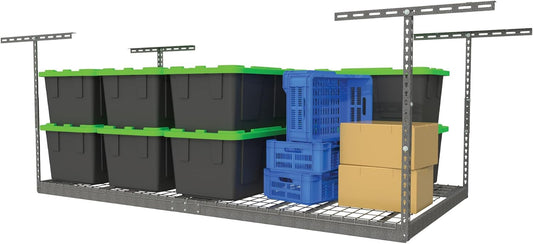 MonsterRax Overhead Garage Storage Rack - 4 x 8 Ceiling Racks for Garage, Organization Shelving, Hanging Shelf, Grey, 24"-45" Height Adjustment