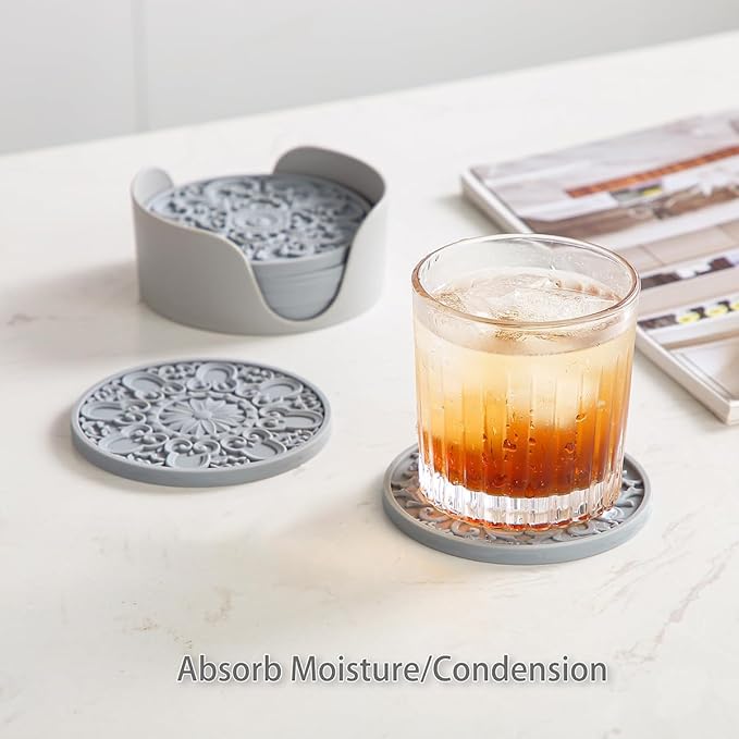 Colinda Silicone Coasters - Set of 6 with Holder, Non-Slip Cup Mats for Hot and Cold Drinks, Decorative Designs, Gift Ready Packaging, Warm Grey