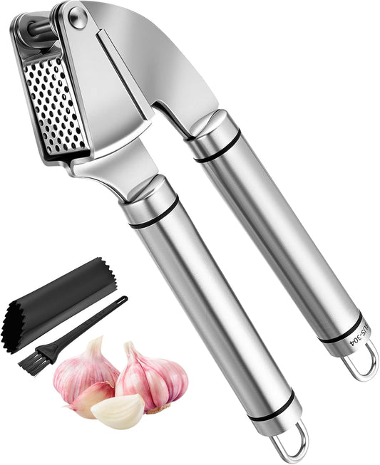 KULUNER Professional Garlic Press,Practical Garlic Peeler That Requires No Peeling,Minced Garlic Machine Crushes Garlic Into Fine Paste,Made of 304 Stainless Steel,Rust-Resistant and Easy to Clean