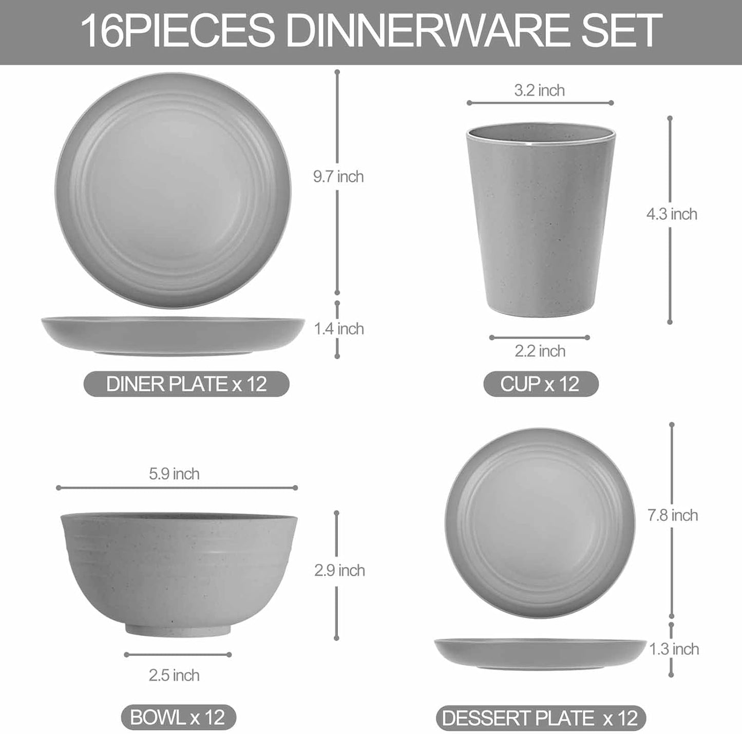 LIYH 48 Pcs Grey Plastic Wheat Straw Dinnerware Set - Plates and Bowls Sets, Camping Dish Set for 12, Unbreakable Dishwasher Safe Wheat Straw Plates Bowls Reusable 12 Guests