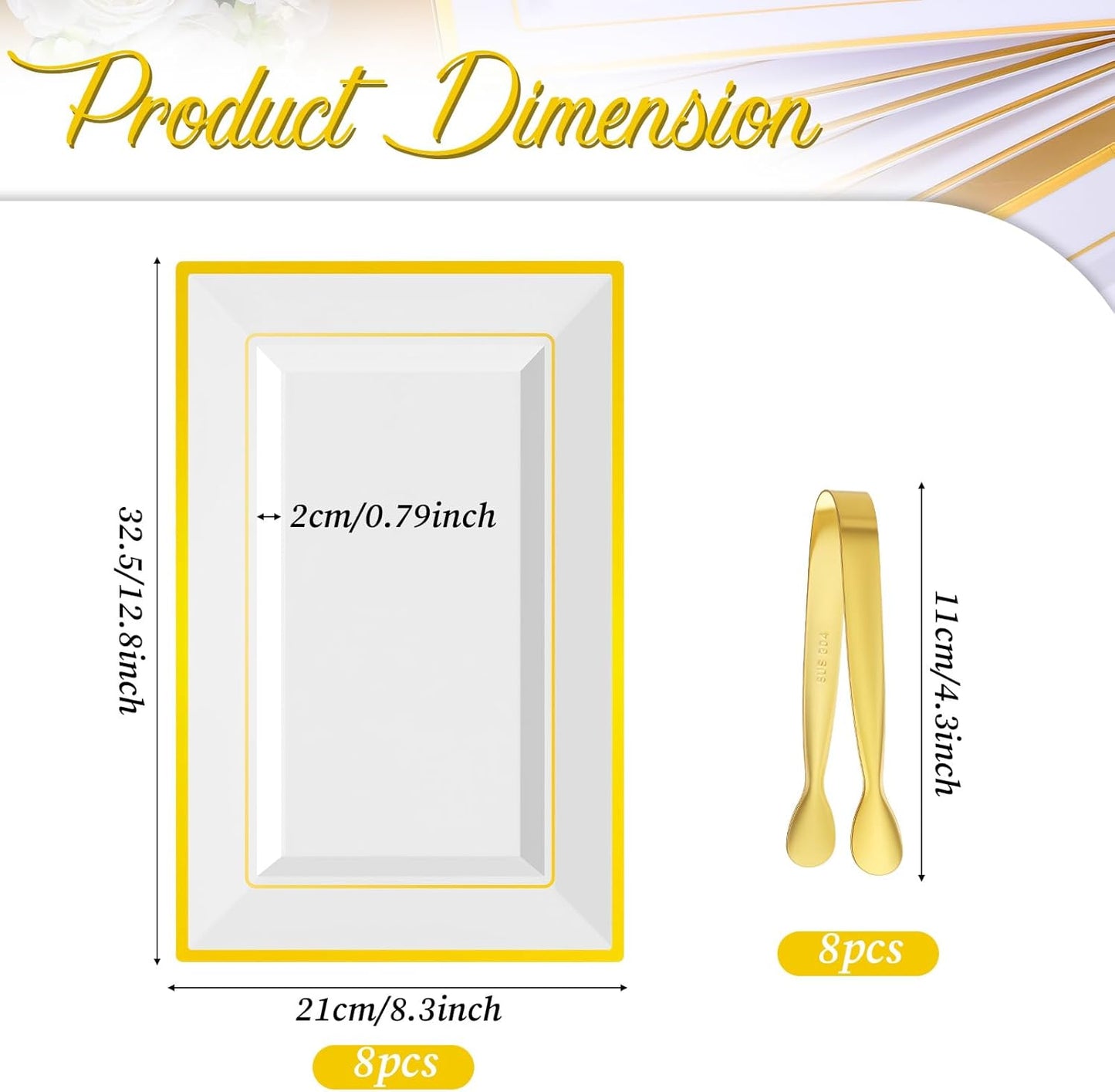 8 Sets Plastic Serving Trays, White & Gold Rim Party Serving Tray and Platter with 8 Serving Tongs, Disposable Dessert Trays for Fruit, Dessert, Cookies, Appetizers, Holiday Parties