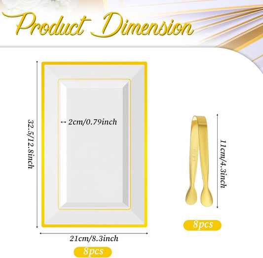 8 Sets Plastic Serving Trays, White & Gold Rim Party Serving Tray and Platter with 8 Serving Tongs, Disposable Dessert Trays for Fruit, Dessert, Cookies, Appetizers, Holiday Parties